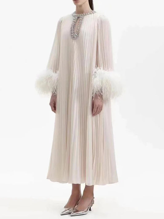 Cream Pleated Dress with Feather Cuffs and Embellished Neckline