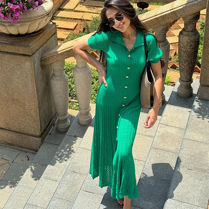 Green Ribbed Knit Dress with Gold Button