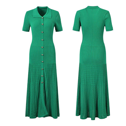 Green Ribbed Knit Dress with Gold Button