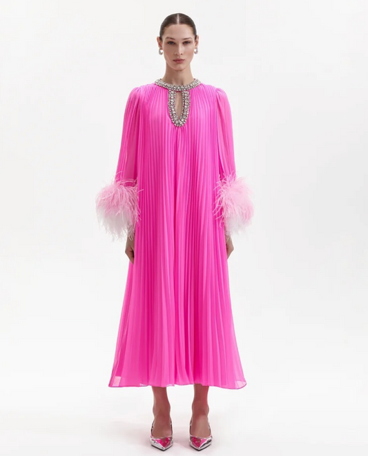 Elegant Pink Pleated Dress with Feather Cuffs and Embellished Neckline