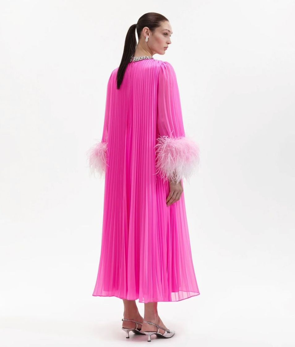 Elegant Pink Pleated Dress with Feather Cuffs and Embellished Neckline