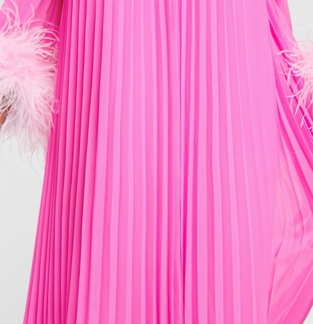 Elegant Pink Pleated Dress with Feather Cuffs and Embellished Neckline