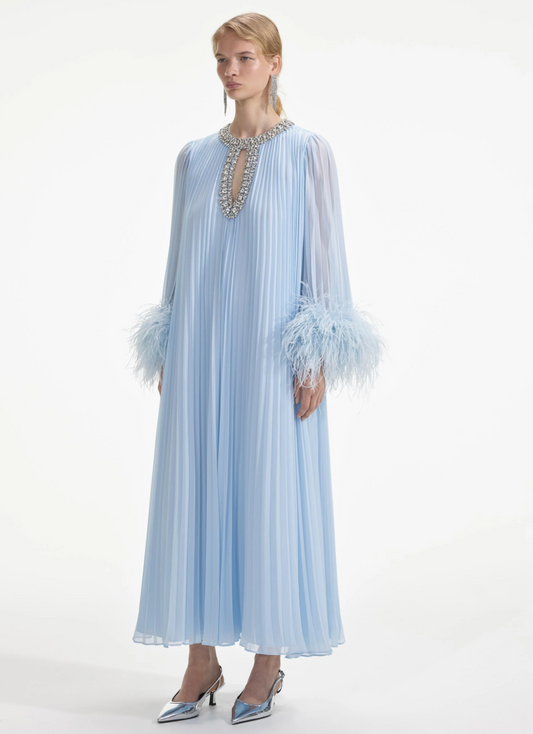 Elegant Blue Pleated Dress with Feather Cuffs and Embellished Neckline